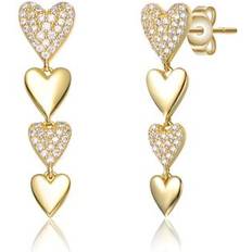 Genevive Sterling Silver 14k Yellow Gold Plated with Cubic Zirconia Double Stampato Heart Dangle Earrings Gold 30