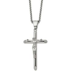 Chisel Polished Crucifix Pendant on Rolo Chain Necklace Silver 22