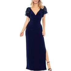 Betsy & Adam Embellished Flutter Sleeve Sheath Gown