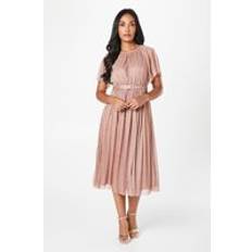 Wallis Petite Plisse Angel Sleeve Midi Dress Pink