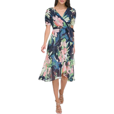 DKNY Women's Floral Tie Waist Ruched Sleeve Dress - Navy Multi