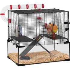 Pawhut Dwarf Hamster Cage with Deep Glass Bottom Tunnels Non-Slip Ramps 60x40x57cm