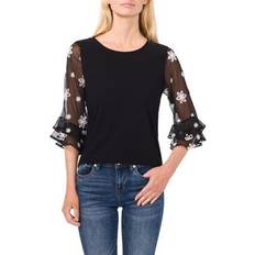 CeCe Women's 3/4-Sleeve Mixed-Media Crewneck Knit Top Rich Black