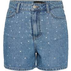 Pieces Sky Hw Rhinsten Denim Shorts - Medium Blue Denim