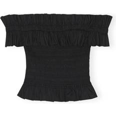 Ganni Cotton Poplin Off Shoulder Smock Top - Black