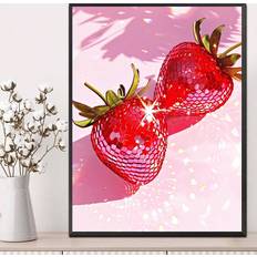 Shein 1pc Modern Art Canvas Poster Featuring Strawberries And Wine Glass, Festival Celebration And Party Themed Typography Artwork Multicolour Poster 30x40cm