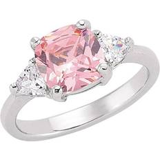 Jewelco London Cushion and Triangle Shoulder Set Solitaire Ring - Silver/Pink/Transparent