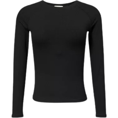 Adanola Ribbed Long Sleeve Stretch Woven Top - Black