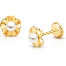 Tiny Blessings Children's 14K Gold Ruffled Petals with Pearl Studs Girls' Screw Back Earrings 14k yellow gold