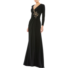 Mac Duggal Faux Wrap Long Sleeve Gown W/ Appliqué Detail - Black