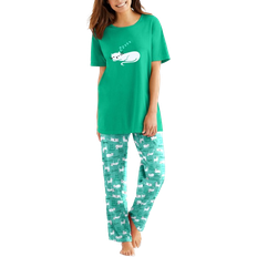 Dreams & Co Women's Graphic Tee PJ Set - Tropical Emerald Cat