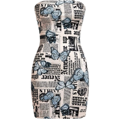 Shein EZwear Newspaper Butterfly Print Bodycon Strapless Dress