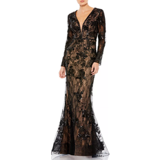 Sequins Clothing Mac Duggal Embellished Long Sleeve Plunge Neck Trumpet Gown - Black Nude