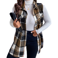 3XL - Women Coats Shein Essnce Plus Size Plaid Pattern Flap Detail Sleeveless Coat