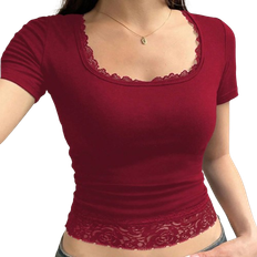 Shein Essnce Women's Summer Contrast Lace Square Neck Short Sleeve Slim Fit Red T-Shirt Top