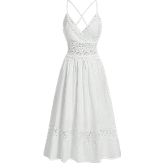 Shein MOD White Vintage Lace Trim Spaghetti Strap Women's Dress,Crochet Dress,White Flowy Dress