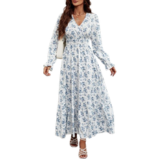 Long Dresses - White Shein Frenchy Ditsy Floral Print Flounce Sleeve Ruffle Hem Dress