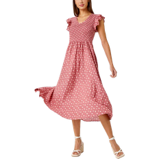 Roman Frill Sleeve Spot Shirred Midi Dress - Pink