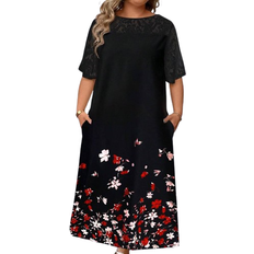 Shein LUNE Plus Size Summer Casual Floral Print & Contrast Lace Dress