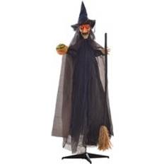 Party Supplies Homcom Halloween Witch with Broomstick Animatronic Prop with Light Up Eyes Brown One Size