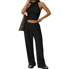 L - Women Suits Shein EZwear Black Knit Sleeveless Backless Top & Elastic Waist Skinny Pants