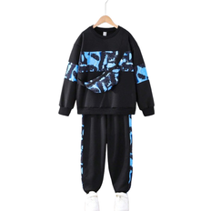 Shein 3pcs/Set Older Boys Casual Printed Patchwork Sweatshirt, Sweatpants And Bag Set, Suitable For Spring And Autumn