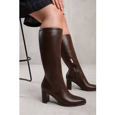 Brown - Women High Boots Where's That From 'Delta' Wide Calf Block Heel Knee High Boots With Side Zip Brown 7E