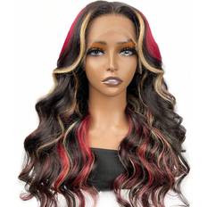 Shein 13x4 Lace Frontal Wigs for Women Loose Wave Black With Red & Blonde Highlights Human Hair Pre-Plucked BLEACHING KNOTS