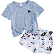 Shein Baby Boys Casual Coconut Tree Print Short Sleeve Top and Shorts Holiday Set