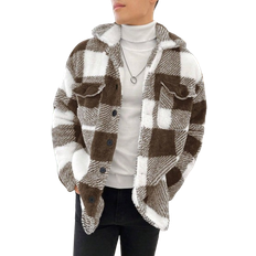 Shein Manfinity Homme Loose Fit Men's Buffalo Plaid Print Drop Shoulder Flap Pocket Teddy Jacket Without Sweater