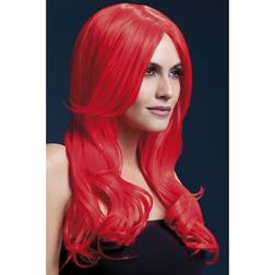 Smiffys Fever Khloe Wig Wavy with Long Fringe Neon Red