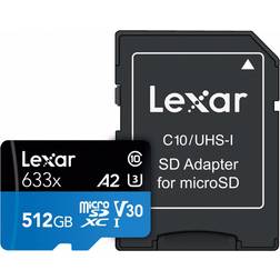 LEXAR High Performance microSDXC Class 10 UHS-I U3 V30 A2 100/70MB/s 512GB +SD adapter (633x)