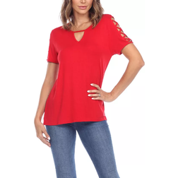 White Mark Keyhole Neck Cutout Short Sleeve Top - Red