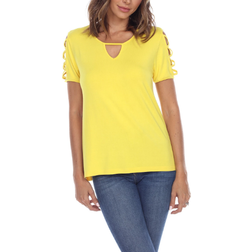 White Mark Keyhole Neck Cutout Short Sleeve Top - Yellow