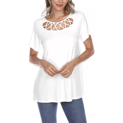 White Mark Crisscross Cutout Short Sleeve Top - White