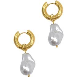 Adornia Shell Pearl Chubby Hoop Earrings - Gold/White