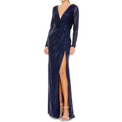 Mac Duggal Long Sleeve Sequin Faux Wrap Gown - Midnight