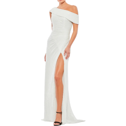 Mac Duggal Metallic One-Shoulder Sheath Evening Gown - White