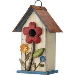 GlitzHome Distressed Solid Wood Birdhouse with 3D Flowers 10.25"