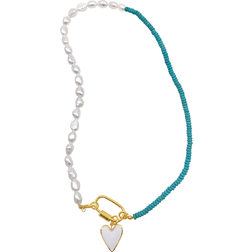 Adornia Lock and Heart Pendant Necklace - Gold/Pearl/Turquoise/White