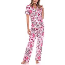 White Mark Short Sleeve Pants Tropical 2-Piece Pajama Set - White/Pink