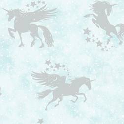 Unicorn Kids Iridescent Unicorns Stars Metallic Wallpaper Teal/Silver 90950 Holden Decor