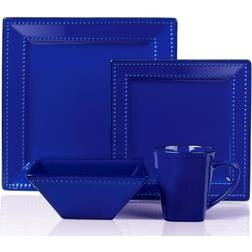 Lorren Home Trends LH502 16 Piece Square Beaded Stoneware Dinnerware Set, Blue Dinner Set