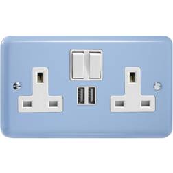 Varilight XY5U2SW.DB Lily Pastel Duck Egg Blue 2 Gang Double 13A Switched Plug Socket 2.1A USB