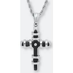 Striped Cross Pendant Necklace With Simulated Diamond