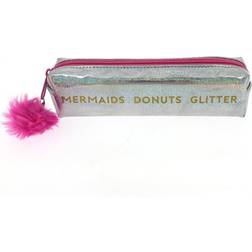 Girls Glitter Silver & Pink Pencil Case School College Work Make Up Bag