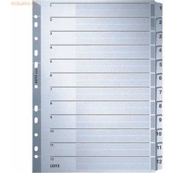 Leitz register til A4, forside og 12 skilleark, faner med påtrykte numre 1-12, perforeret kant og farvede faner, folieforstærket (Mylar) grå, pap, 43