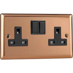 Varilight Polished Copper 2-Gang 13A Double Pole Switched Socket w/ black