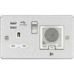 Knightsbridge Flat Plate 13A socket, USB chargers (2.4A) and Bluetooth Speaker Brushed chrome with white insert