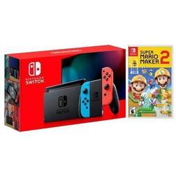 Nintendo 2019 New Switch Red/Blue Joy-Con Improved Battery Life Console Bundle with Super Mario Maker 2 NS Game Disc 2019 New Game!